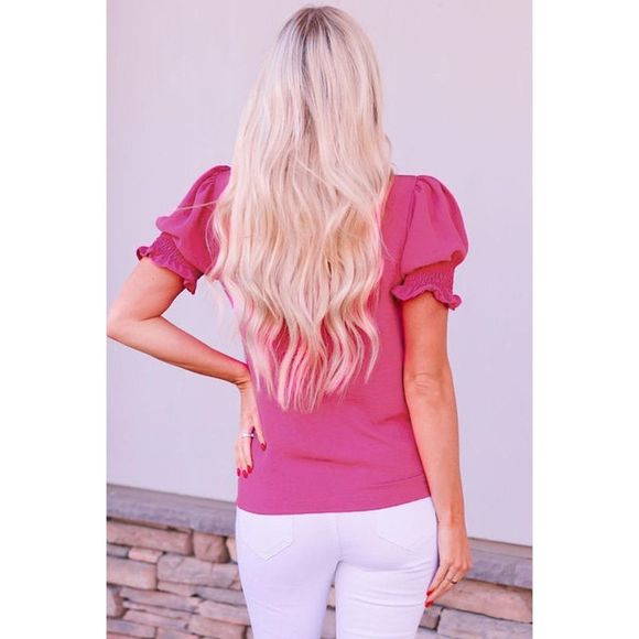Azura Exchange  Rose Solid Color Smocked Puff Sleeve Blouse - Picture 2 of 8